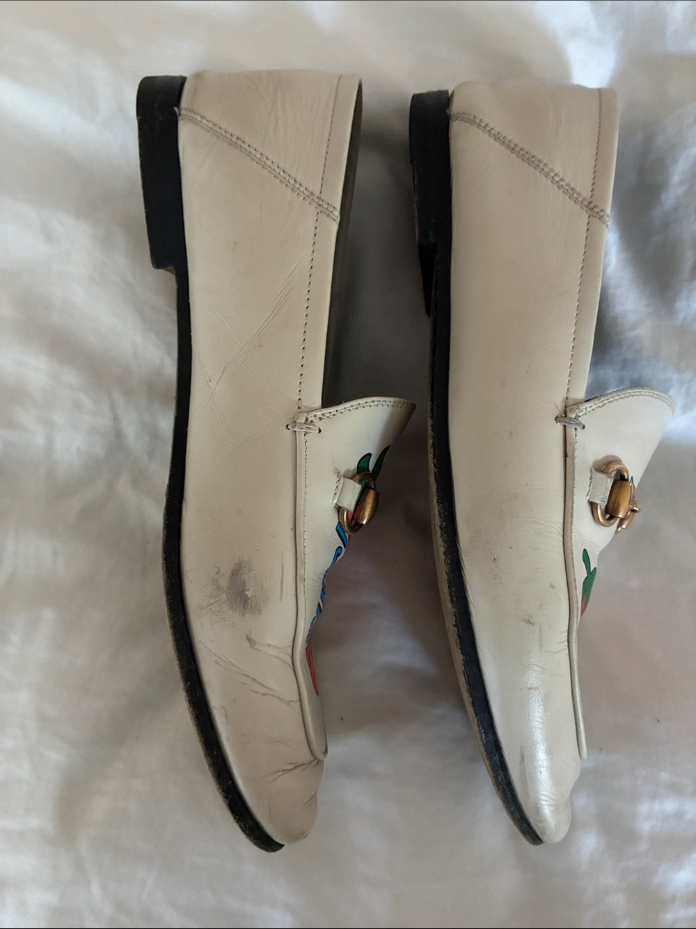 Gucci Cream Leather Strawberry Brixton Horsebit Loafers - Picture 6 of 7
